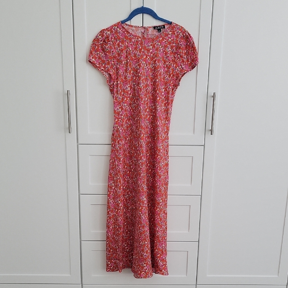 J. Crew Red and White Maxi Dress Puff Sleeve Crew Neck